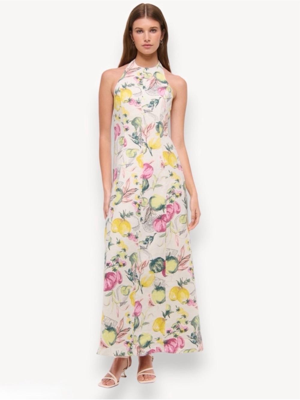 Abercrombie & Fitch 100% linen Halter-Neck Maxi Dress in Fruit & Veggie Print